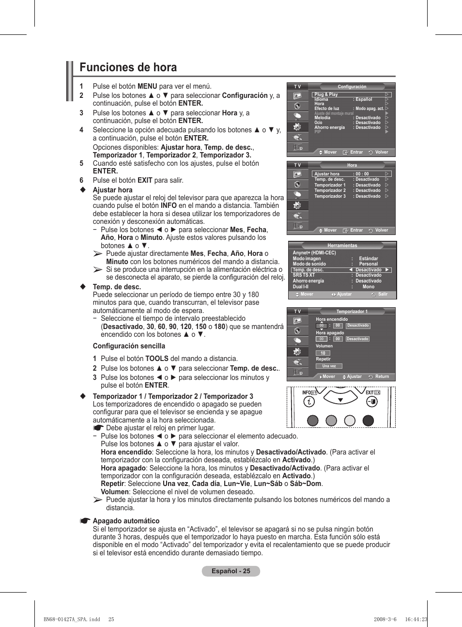 Funciones de hora | Samsung PS50A557S3F User Manual | Page 334 / 495