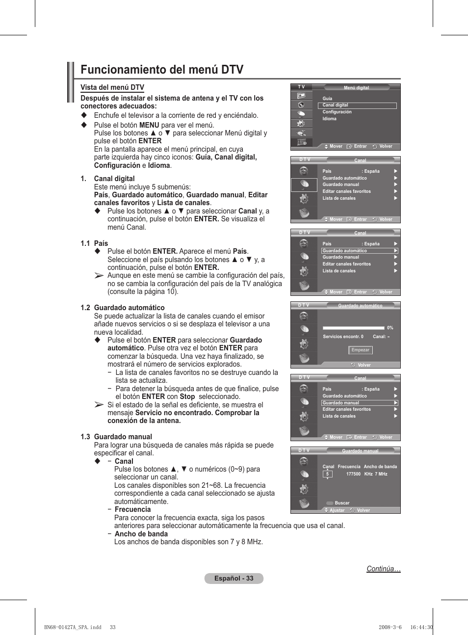 Funcionamiento del menú dtv | Samsung PS50A557S3F User Manual | Page 342 / 495