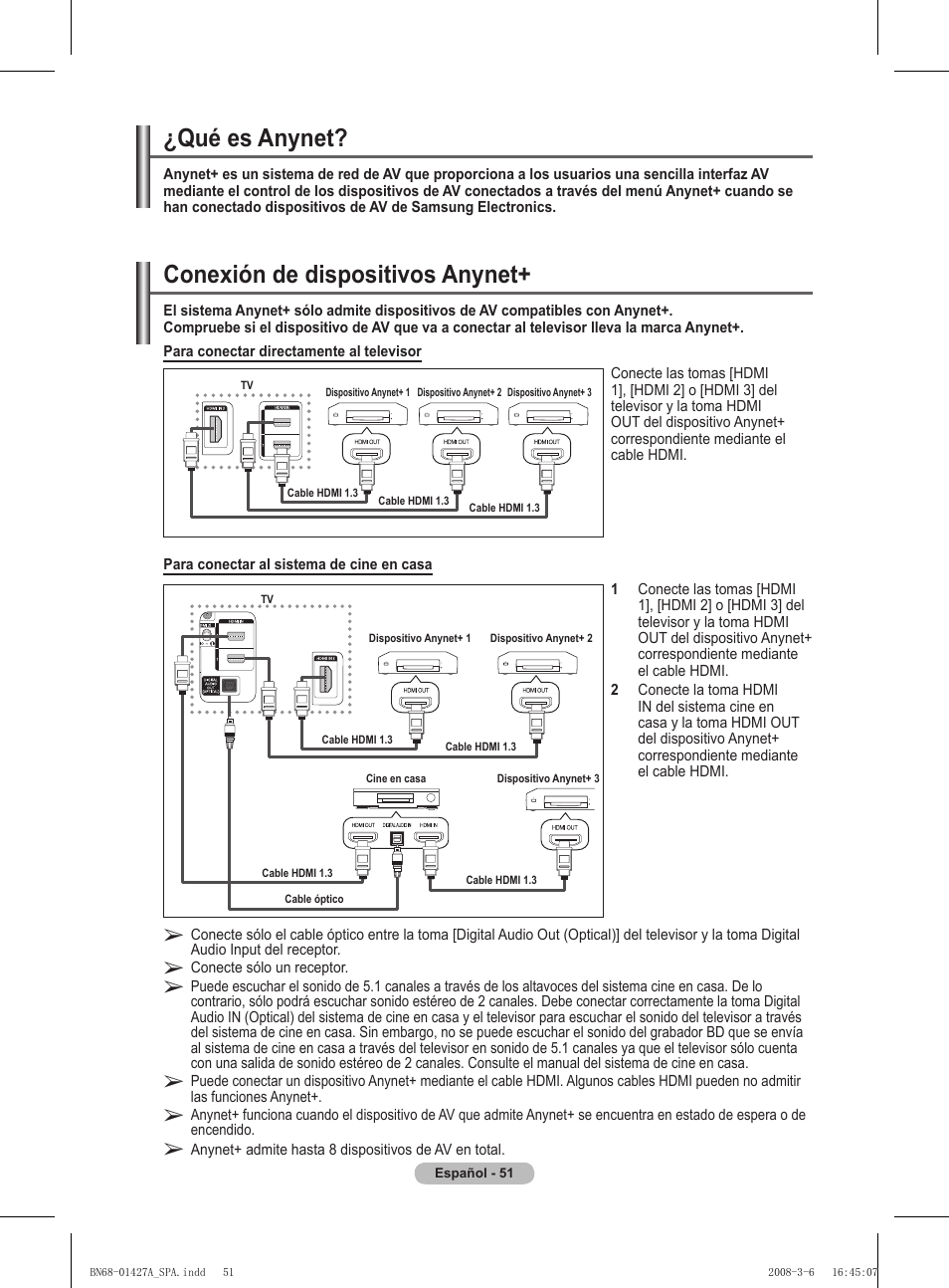 Conexión de dispositivos anynet, Qué es anynet | Samsung PS50A557S3F User Manual | Page 360 / 495