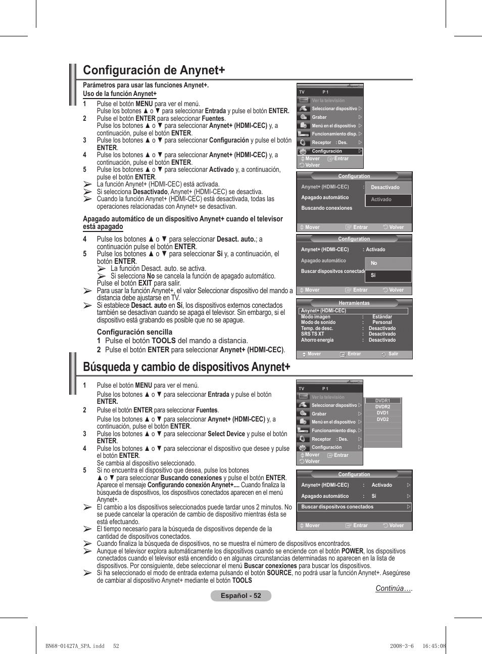 Configuración de anynet, Búsqueda y cambio de dispositivos anynet | Samsung PS50A557S3F User Manual | Page 361 / 495