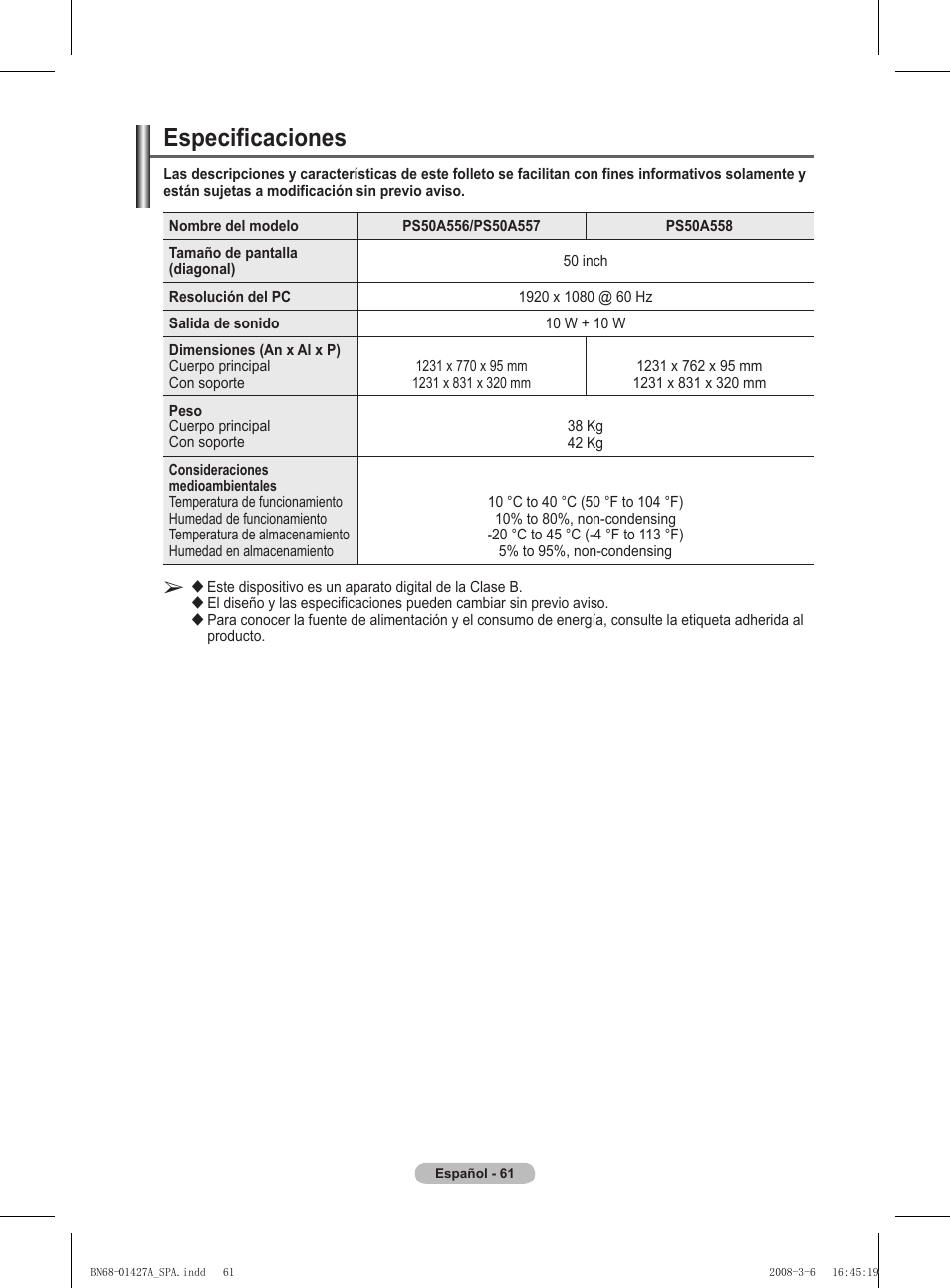 Especificaciones | Samsung PS50A557S3F User Manual | Page 370 / 495