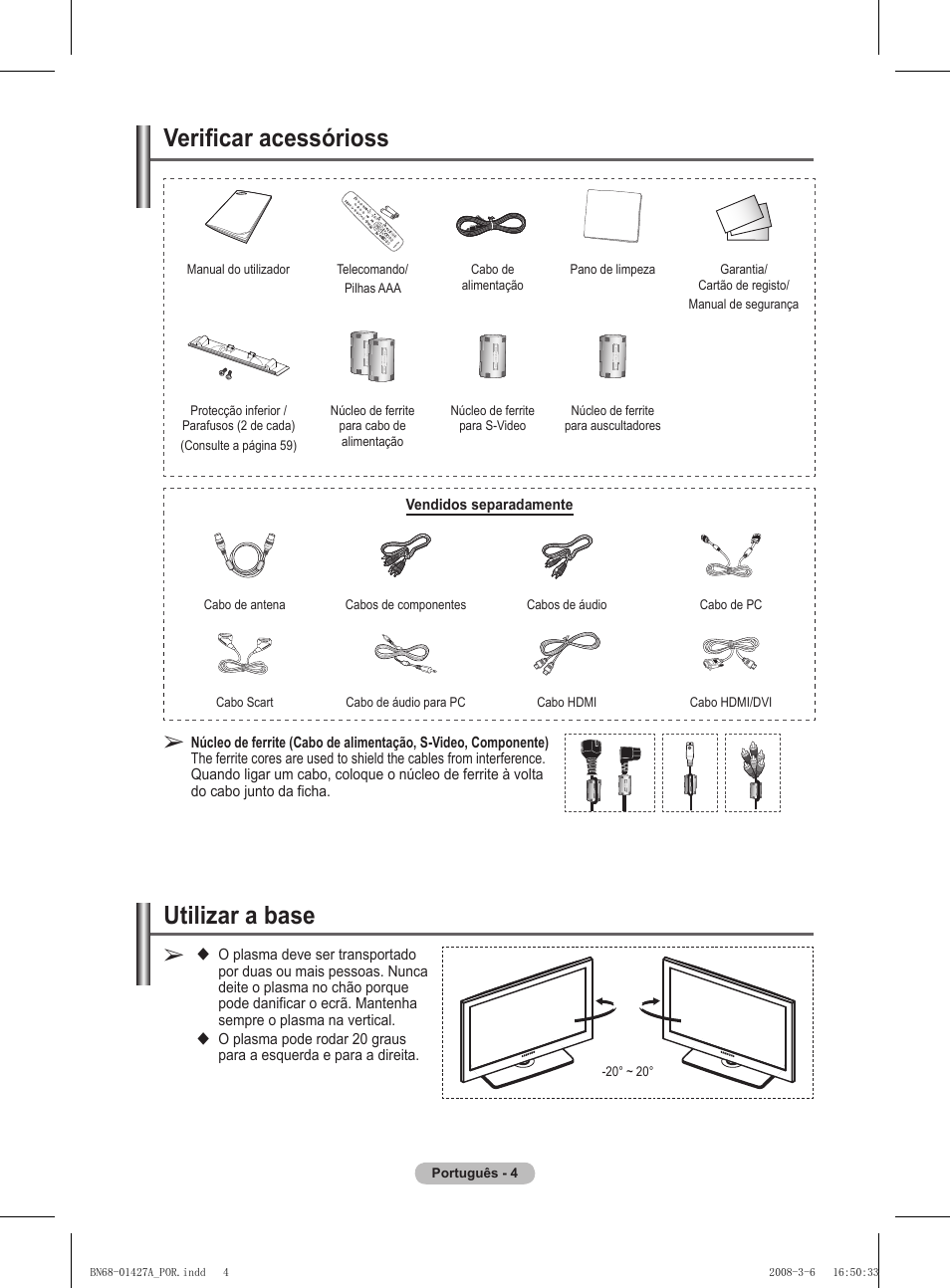 Verificar acessórioss, Utilizar a base | Samsung PS50A557S3F User Manual | Page 374 / 495