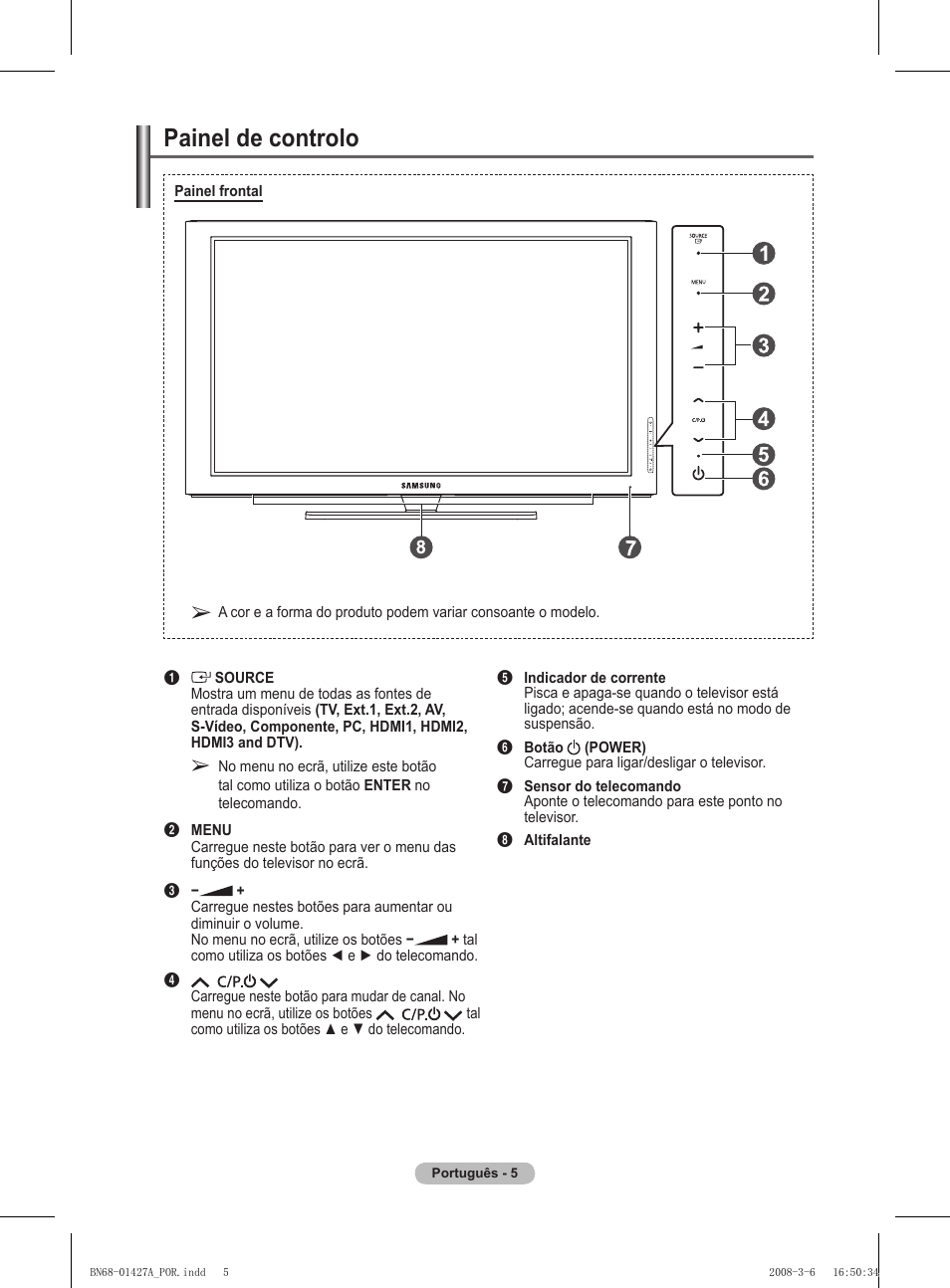 Painel de controlo | Samsung PS50A557S3F User Manual | Page 375 / 495