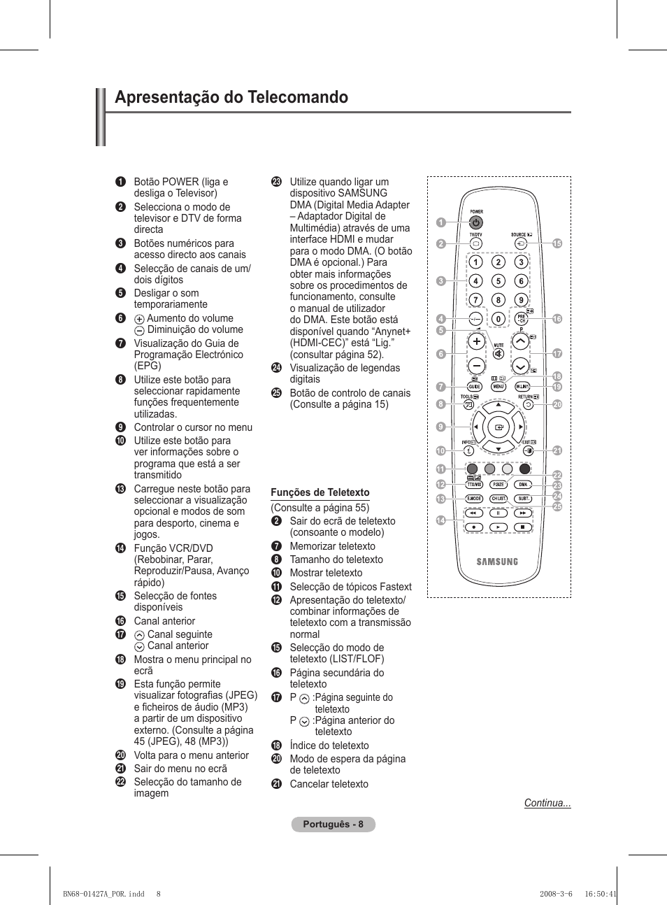 Apresentação do telecomando | Samsung PS50A557S3F User Manual | Page 378 / 495