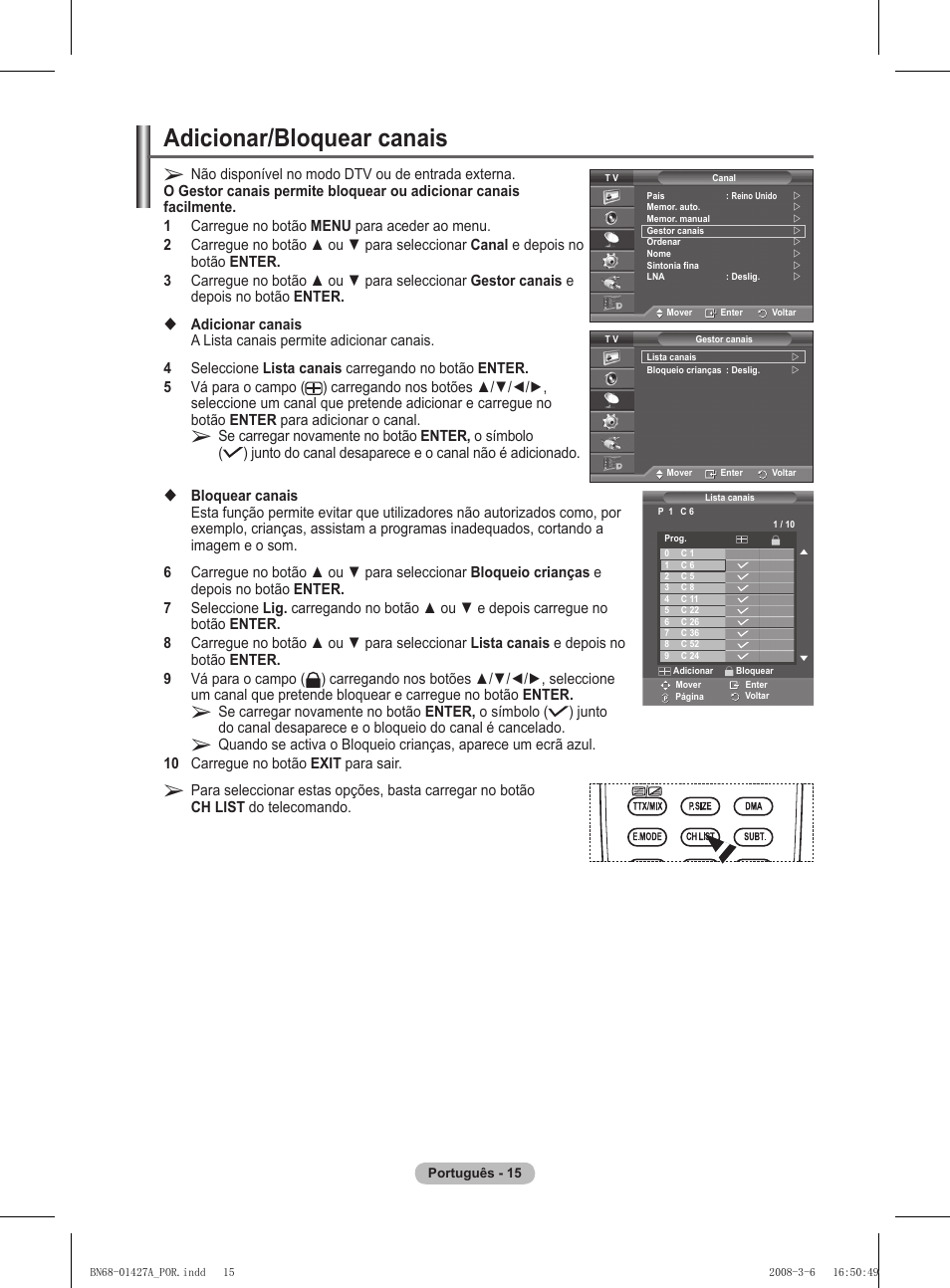 Adicionar/bloquear canais | Samsung PS50A557S3F User Manual | Page 385 / 495