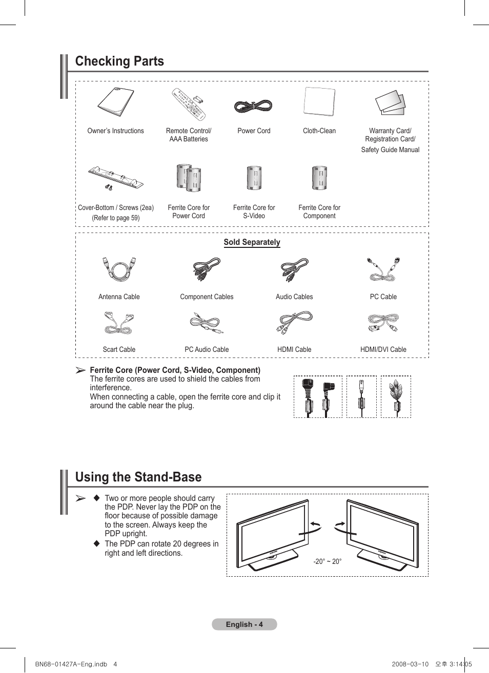 Checking parts, Using the stand-base | Samsung PS50A557S3F User Manual | Page 4 / 495