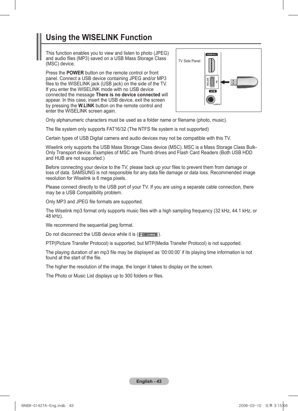 Using the wiselink function | Samsung PS50A557S3F User Manual | Page 43 / 495