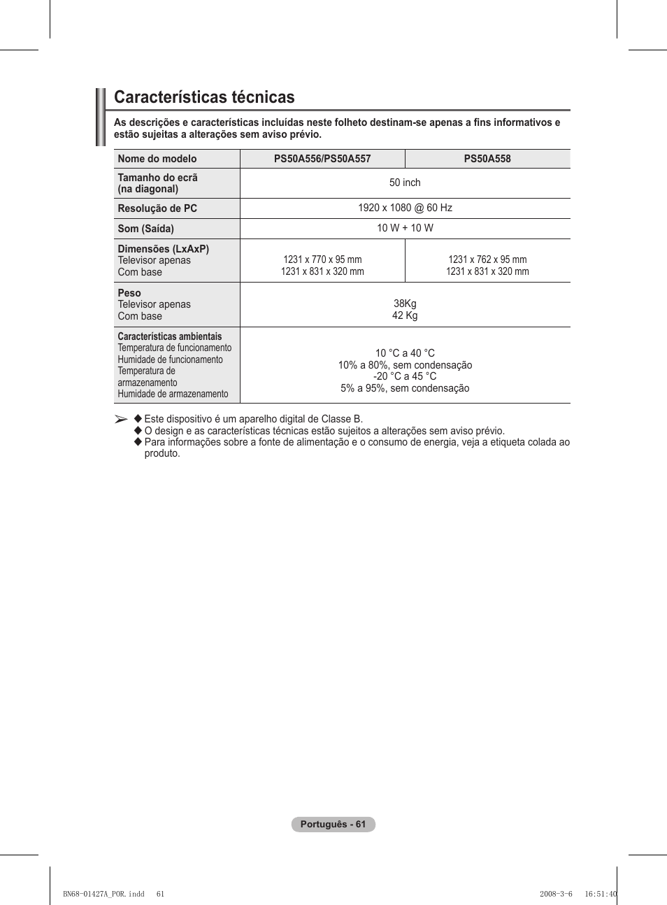Características técnicas | Samsung PS50A557S3F User Manual | Page 431 / 495