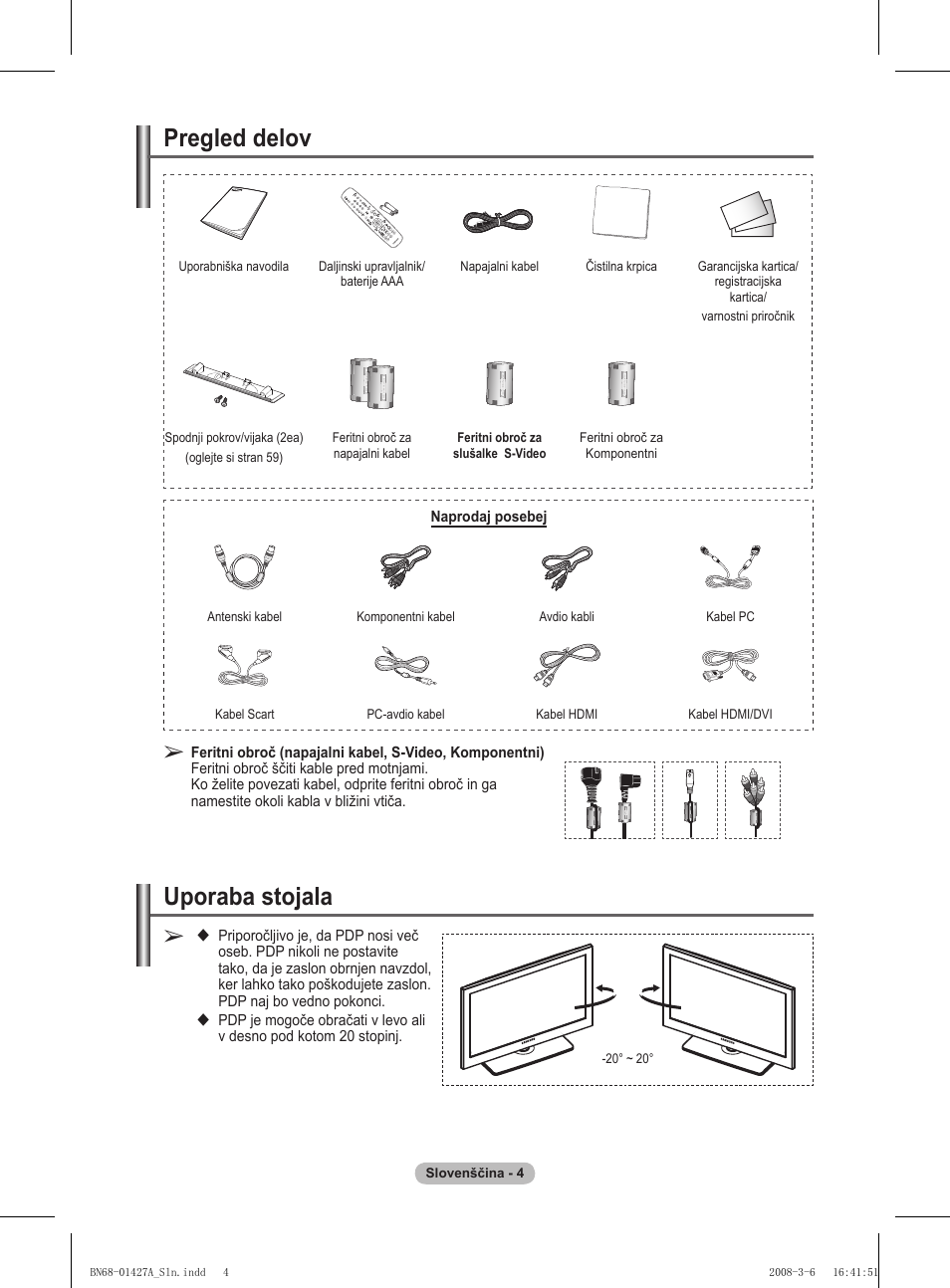 Uporaba stojala, Pregled delov | Samsung PS50A557S3F User Manual | Page 436 / 495