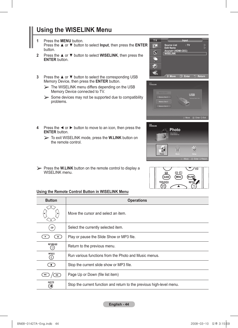 Using the wiselink menu | Samsung PS50A557S3F User Manual | Page 44 / 495