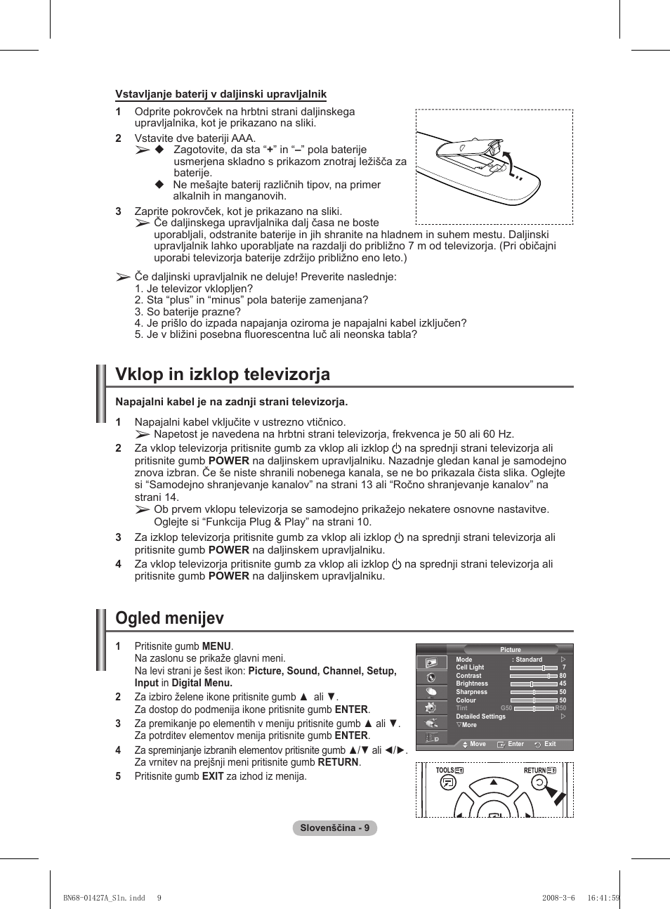 Vklop in izklop televizorja, Ogled menijev | Samsung PS50A557S3F User Manual | Page 441 / 495