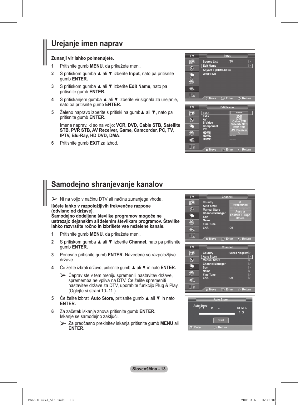 Urejanje imen naprav, Samodejno shranjevanje kanalov | Samsung PS50A557S3F User Manual | Page 445 / 495