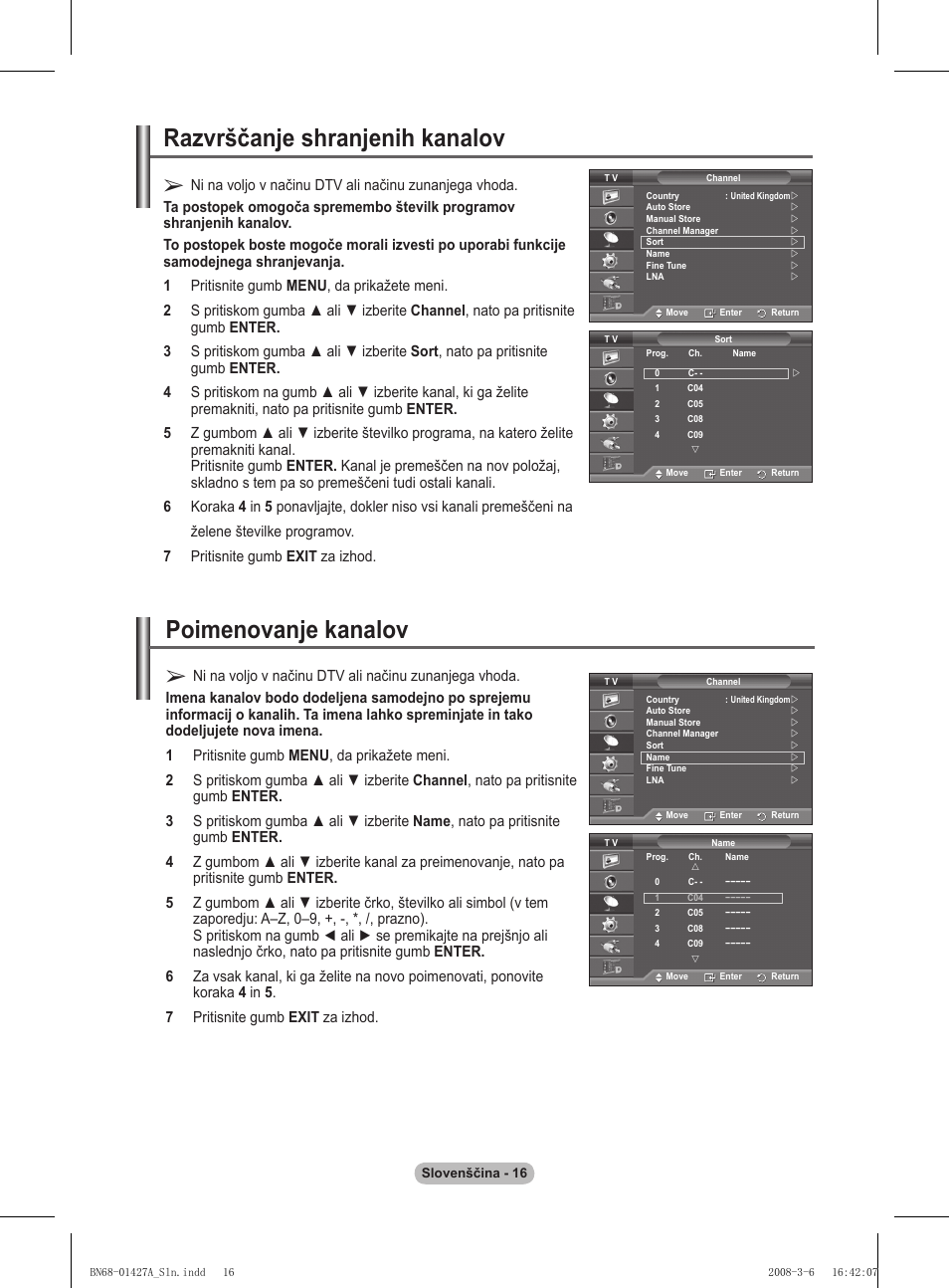 Razvrščanje shranjenih kanalov, Poimenovanje kanalov | Samsung PS50A557S3F User Manual | Page 448 / 495