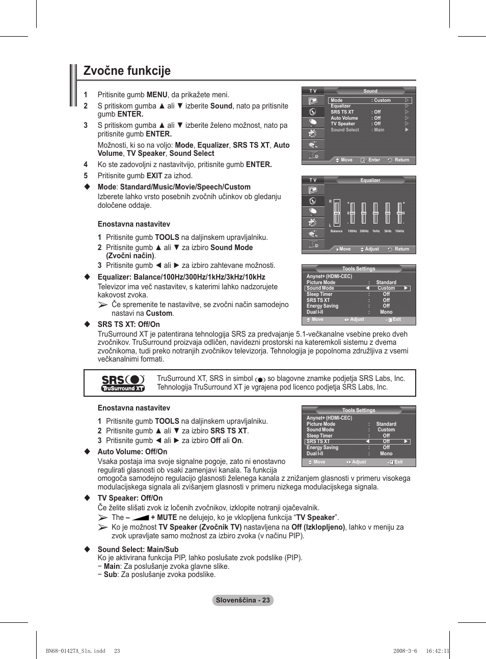 Zvočne funkcije | Samsung PS50A557S3F User Manual | Page 455 / 495