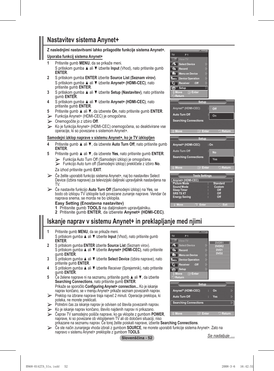 Nastavitev sistema anynet | Samsung PS50A557S3F User Manual | Page 484 / 495