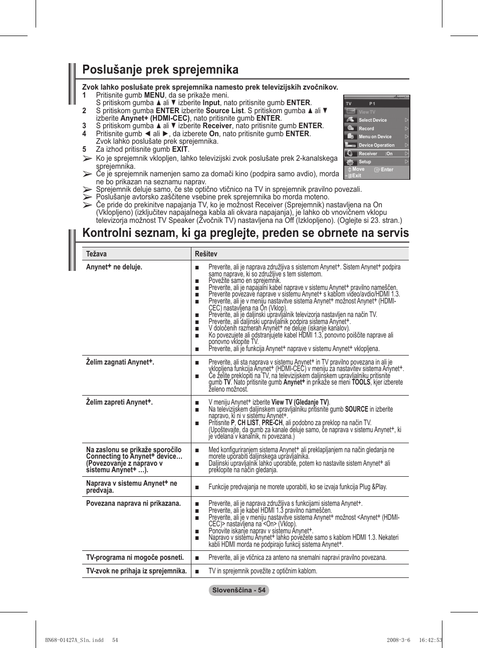 Poslušanje prek sprejemnika | Samsung PS50A557S3F User Manual | Page 486 / 495