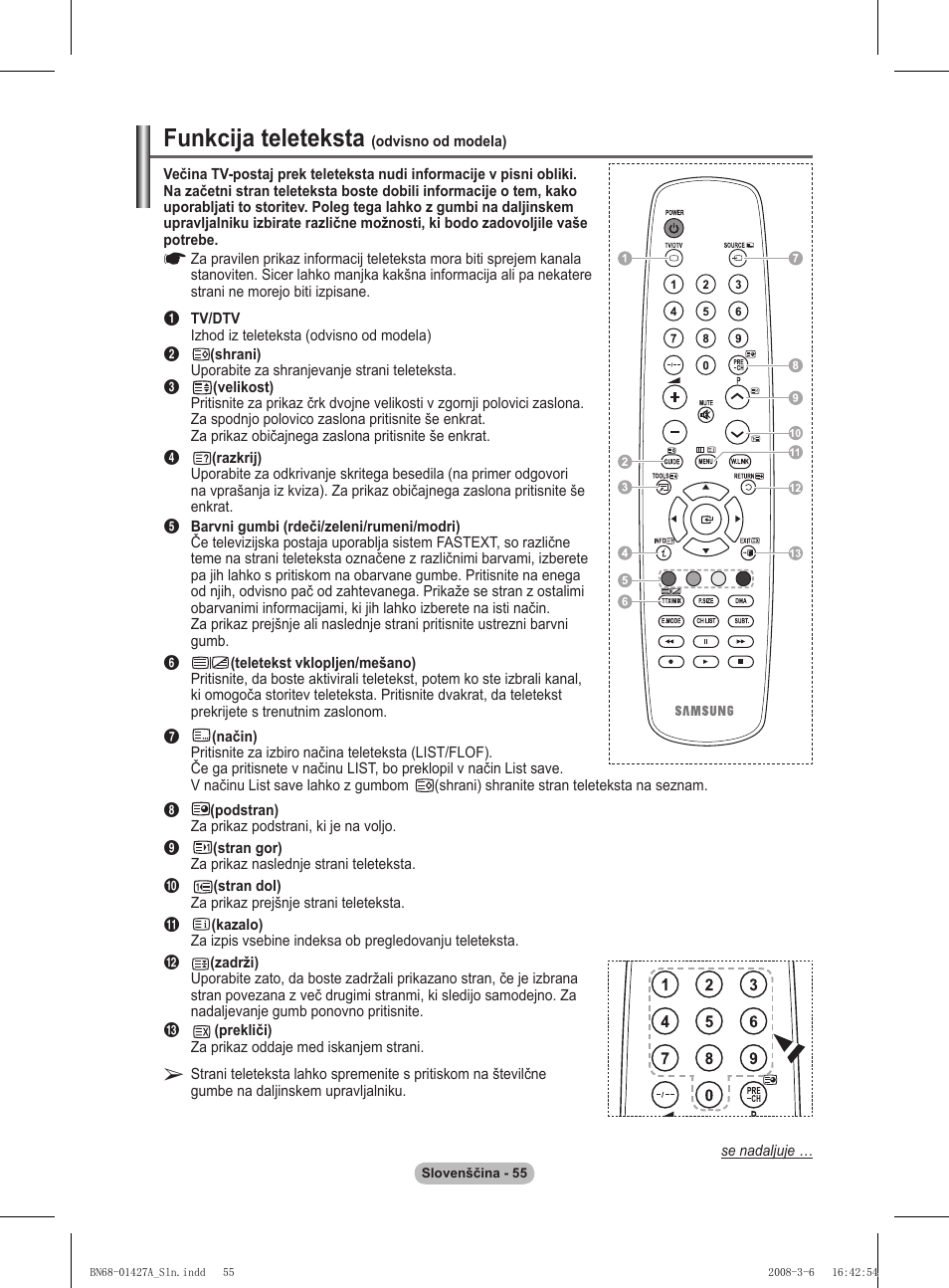Funkcija teleteksta | Samsung PS50A557S3F User Manual | Page 487 / 495