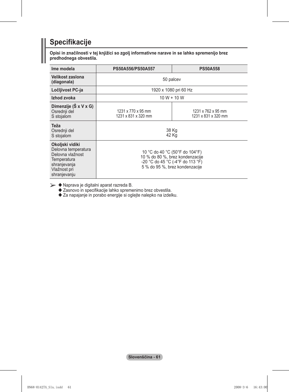 Specifikacije | Samsung PS50A557S3F User Manual | Page 493 / 495