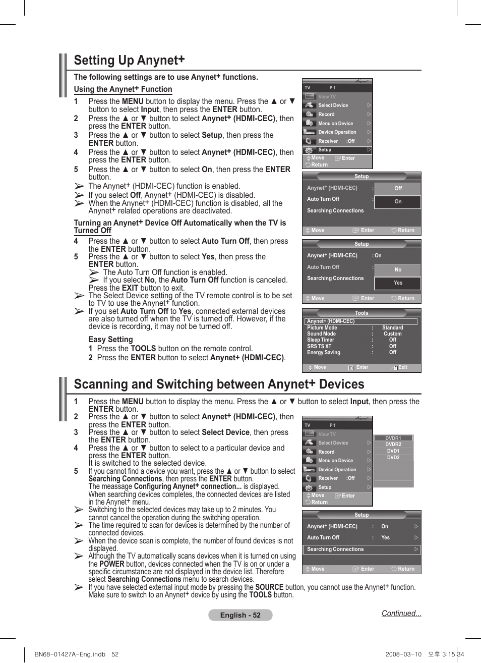 Setting up anynet, Scanning and switching between anynet+ devices | Samsung PS50A557S3F User Manual | Page 52 / 495