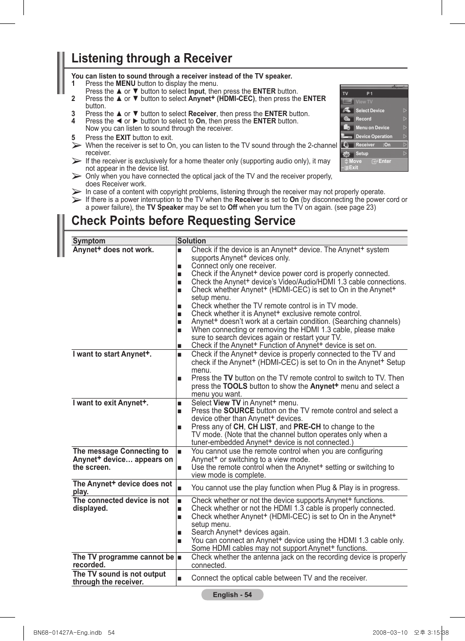 Listening through a receiver, Check points before requesting service | Samsung PS50A557S3F User Manual | Page 54 / 495