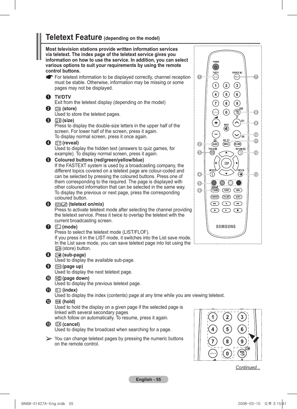 Teletext feature (depending on the model), Teletext feature | Samsung PS50A557S3F User Manual | Page 55 / 495