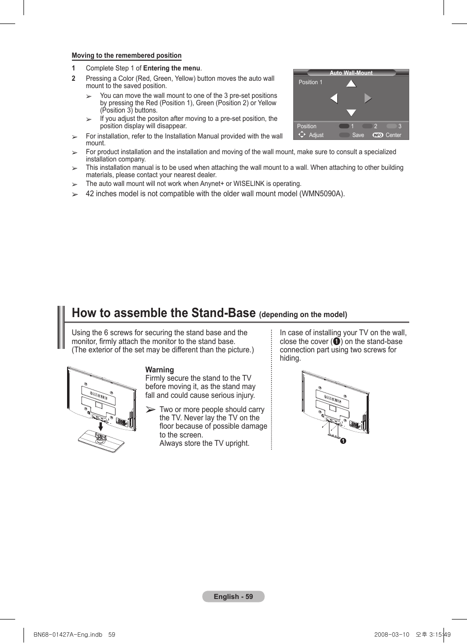 How to assemble the stand-base | Samsung PS50A557S3F User Manual | Page 59 / 495