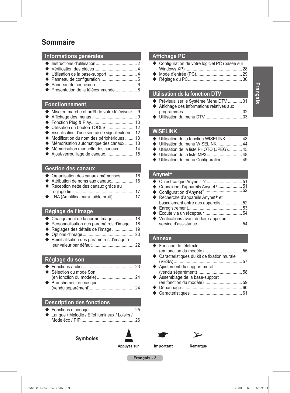 Sommaire | Samsung PS50A557S3F User Manual | Page 65 / 495