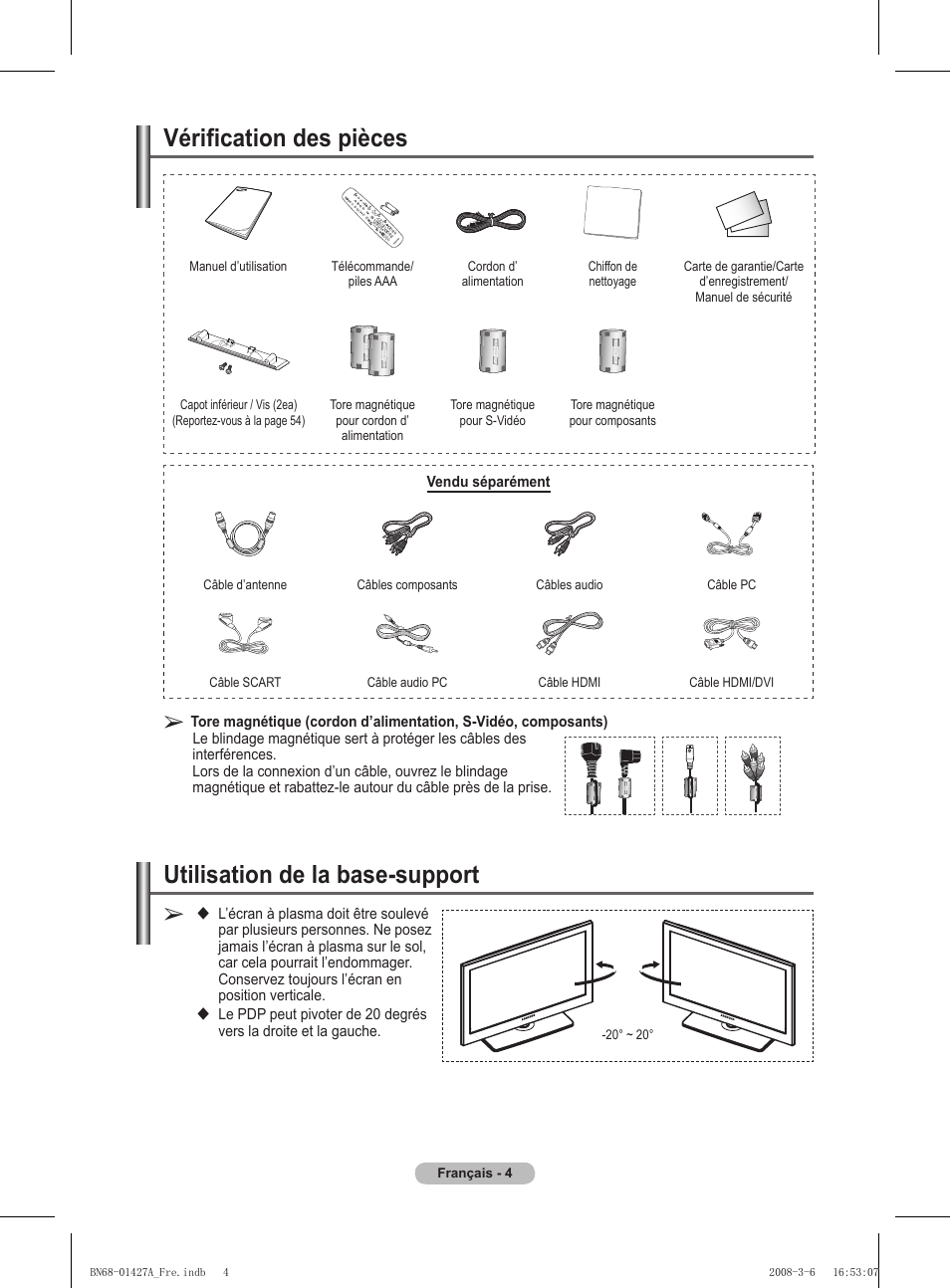 Vérification des pièces, Utilisation de la base-support | Samsung PS50A557S3F User Manual | Page 66 / 495