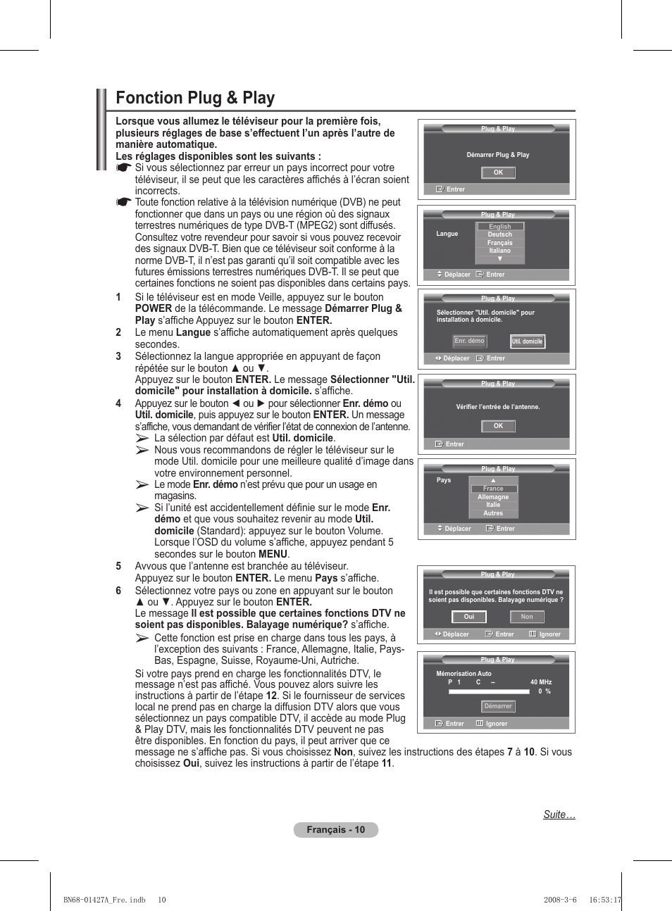 Fonction plug & play | Samsung PS50A557S3F User Manual | Page 72 / 495