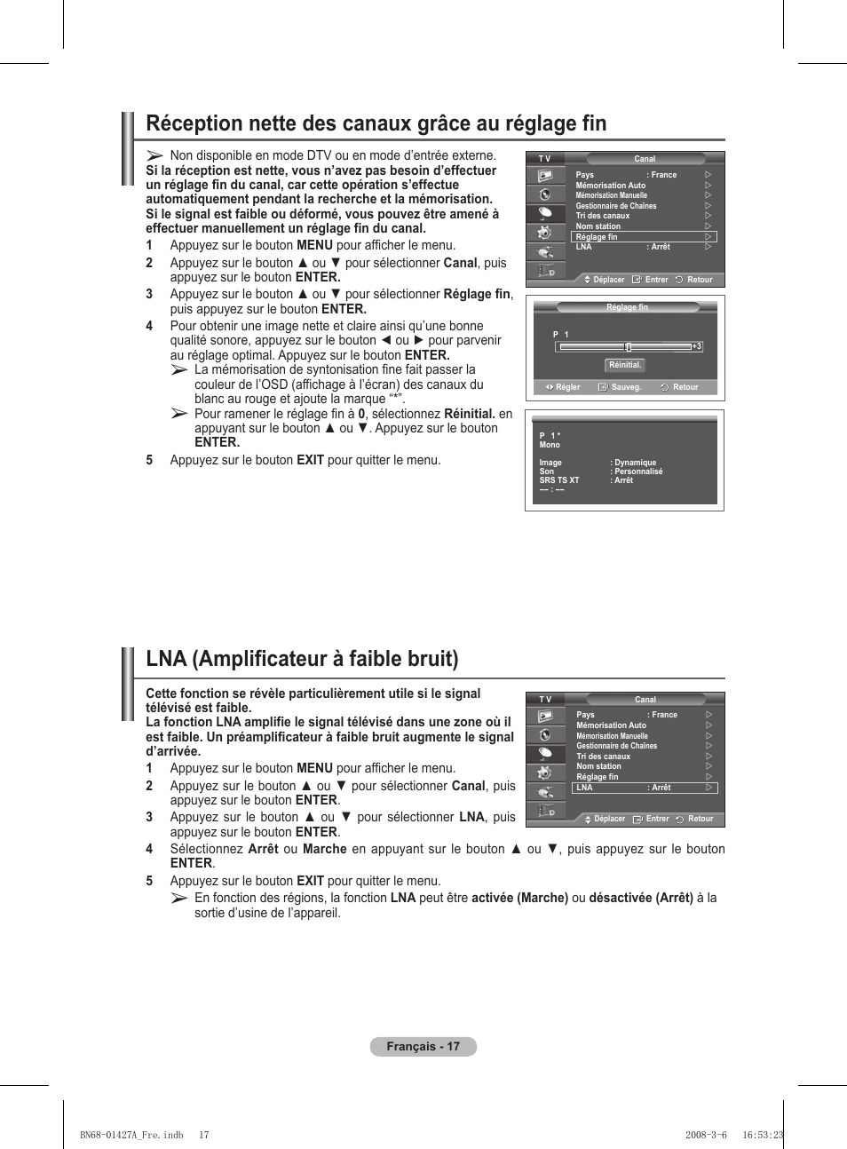 Réception nette des canaux grâce au réglage fin, Lna (amplificateur à faible bruit) | Samsung PS50A557S3F User Manual | Page 79 / 495