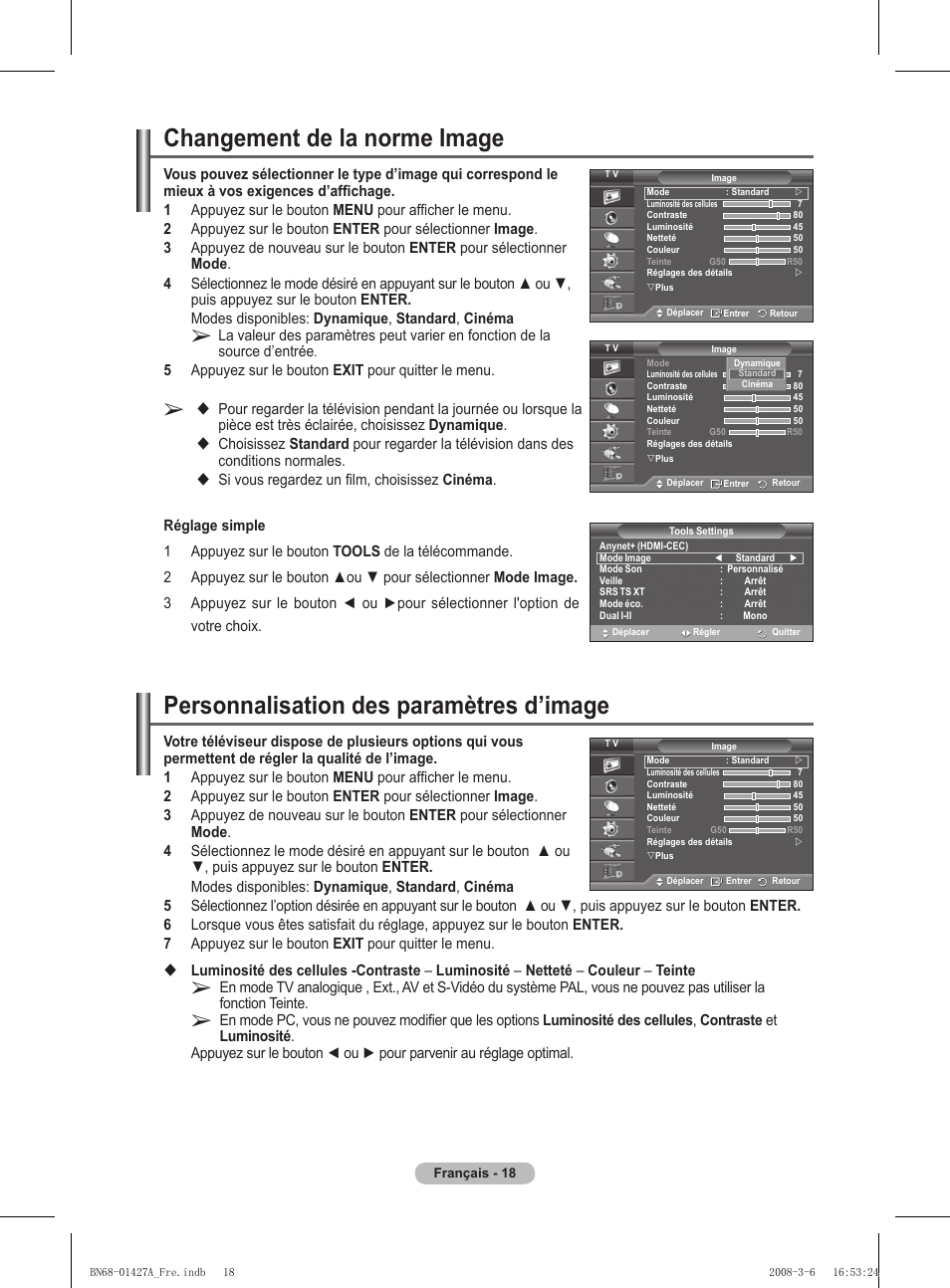 Personnalisation des paramètres d’image, Changement de la norme image | Samsung PS50A557S3F User Manual | Page 80 / 495