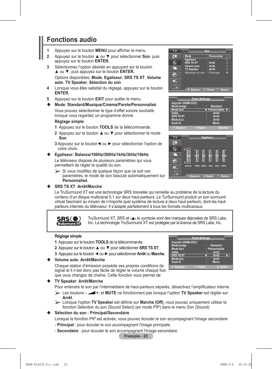 Fonctions audio | Samsung PS50A557S3F User Manual | Page 85 / 495