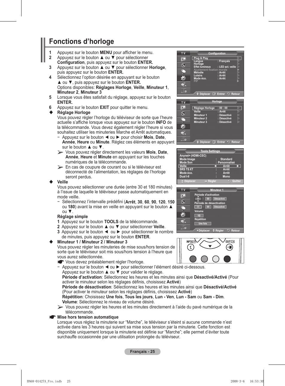 Fonctions d’horloge | Samsung PS50A557S3F User Manual | Page 87 / 495