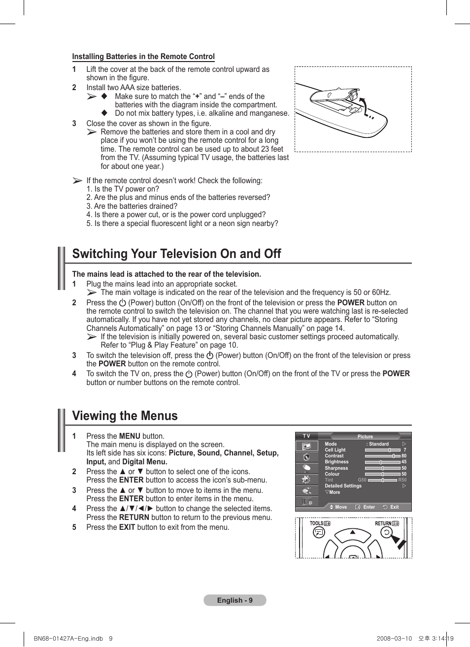 Switching your television on and off, Viewing the menus | Samsung PS50A557S3F User Manual | Page 9 / 495