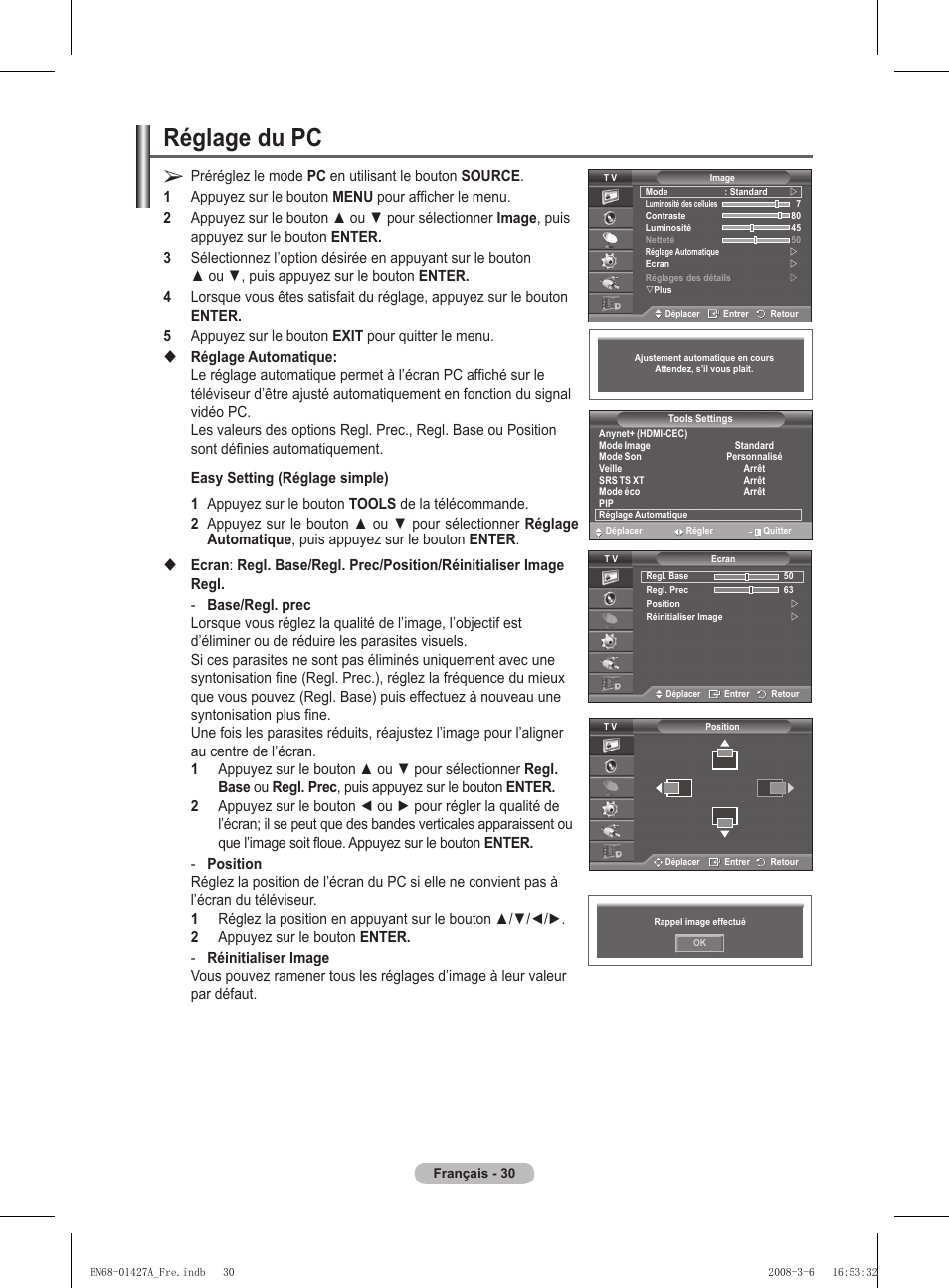 Réglage du pc | Samsung PS50A557S3F User Manual | Page 92 / 495