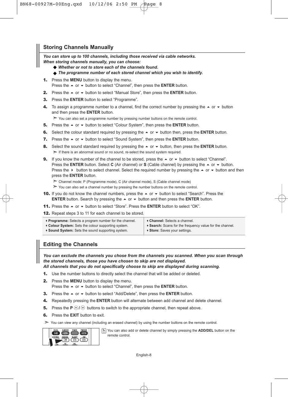 Storing channels manually, Editing the channels | Samsung LE26R32B User Manual | Page 10 / 152