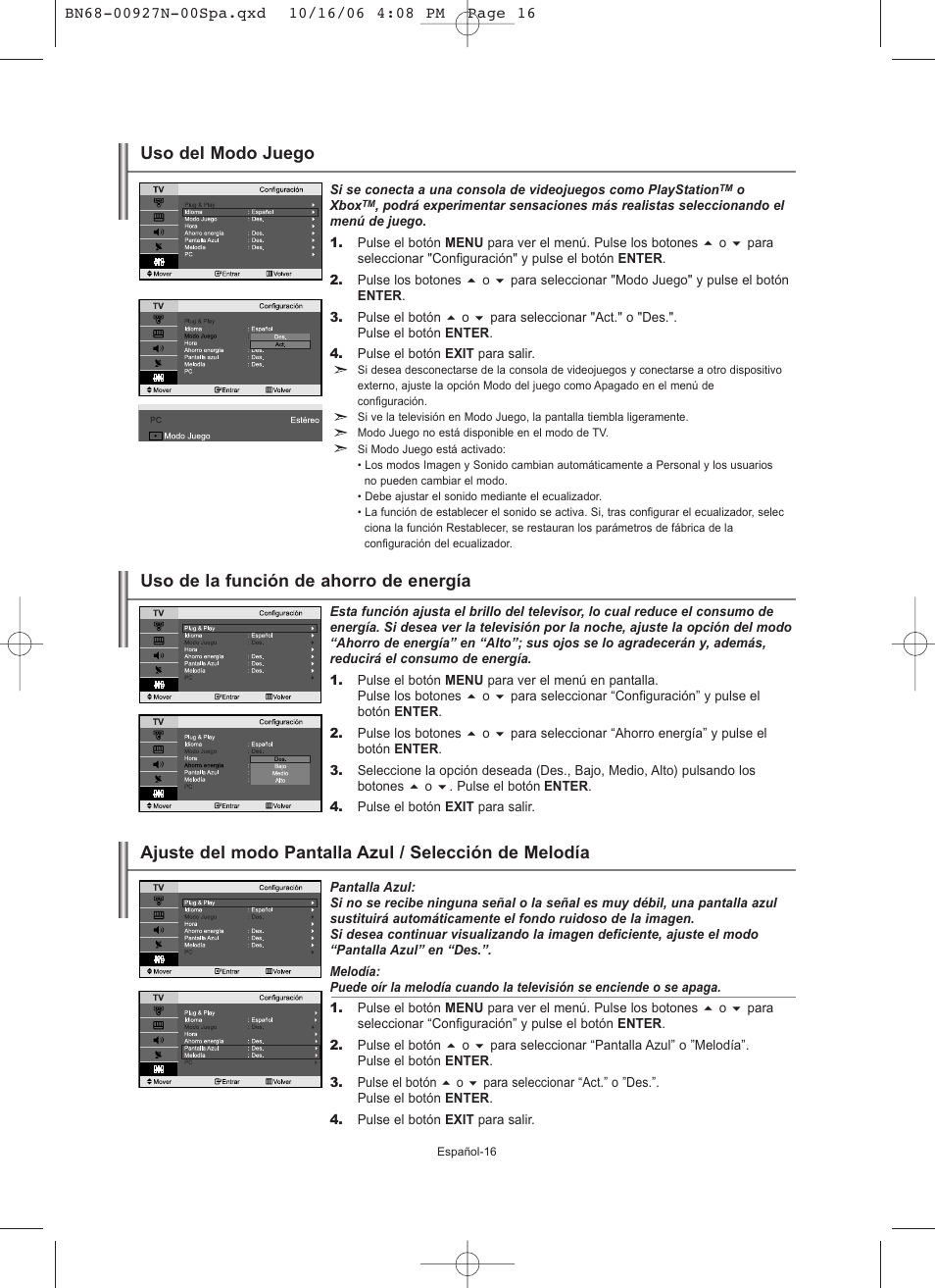 Uso de la función de ahorro de energía, Uso del modo juego | Samsung LE26R32B User Manual | Page 102 / 152