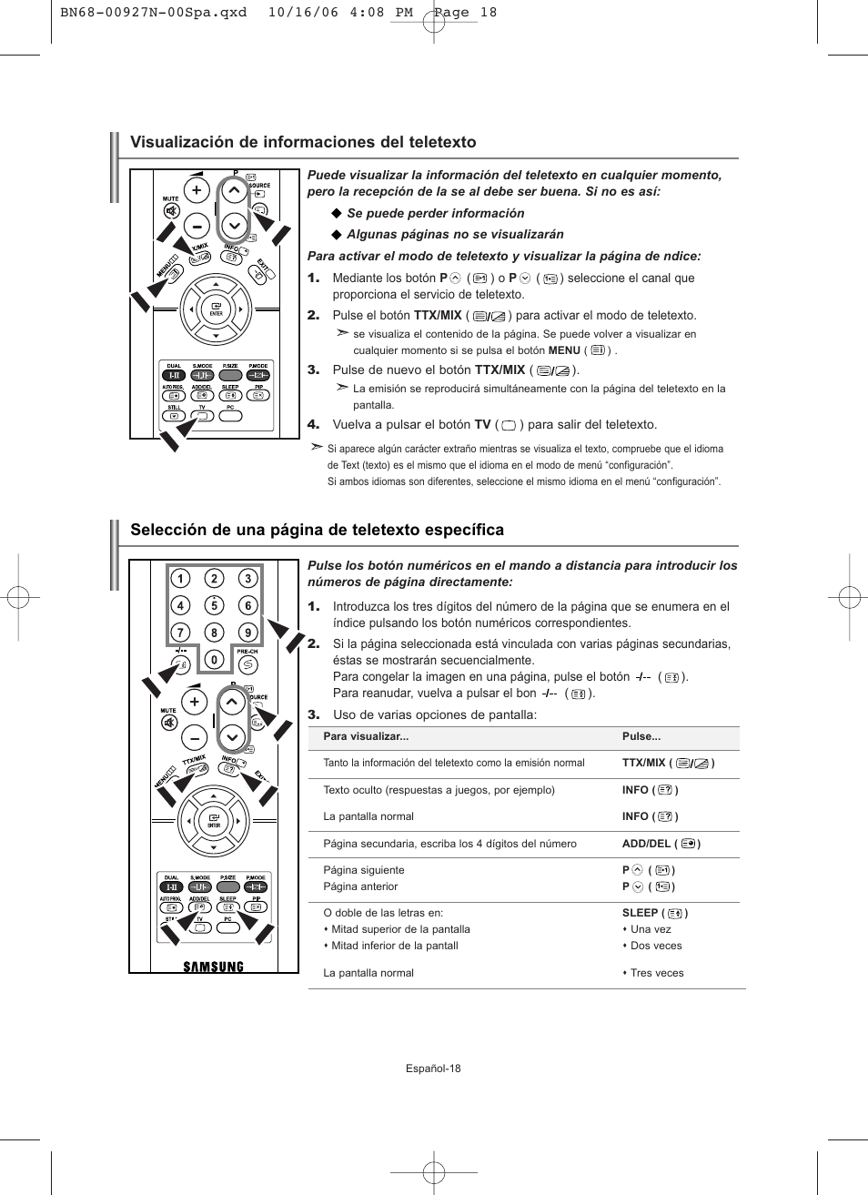 Visualización de informaciones del teletexto, Selección de una página de teletexto específica | Samsung LE26R32B User Manual | Page 104 / 152