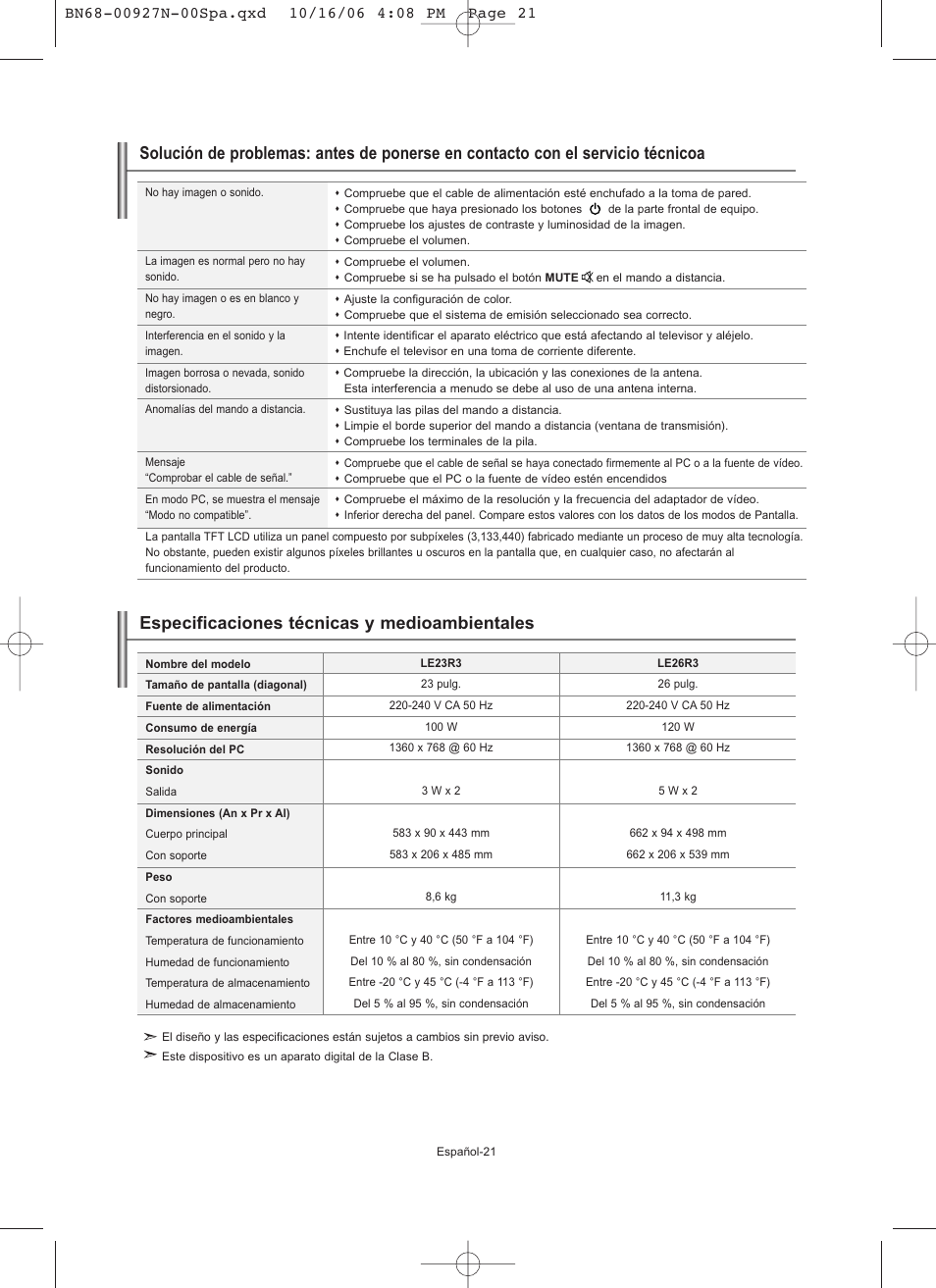 Especificaciones técnicas y medioambientales | Samsung LE26R32B User Manual | Page 107 / 152
