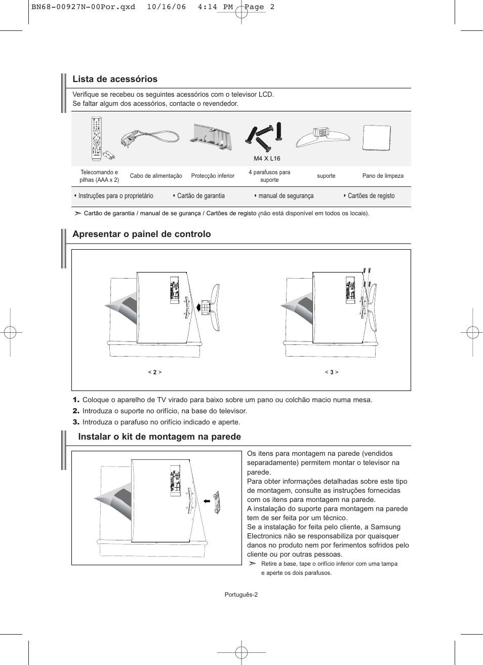 Lista de acessórios, Apresentar o painel de controlo, Instalar o kit de montagem na parede | Samsung LE26R32B User Manual | Page 109 / 152