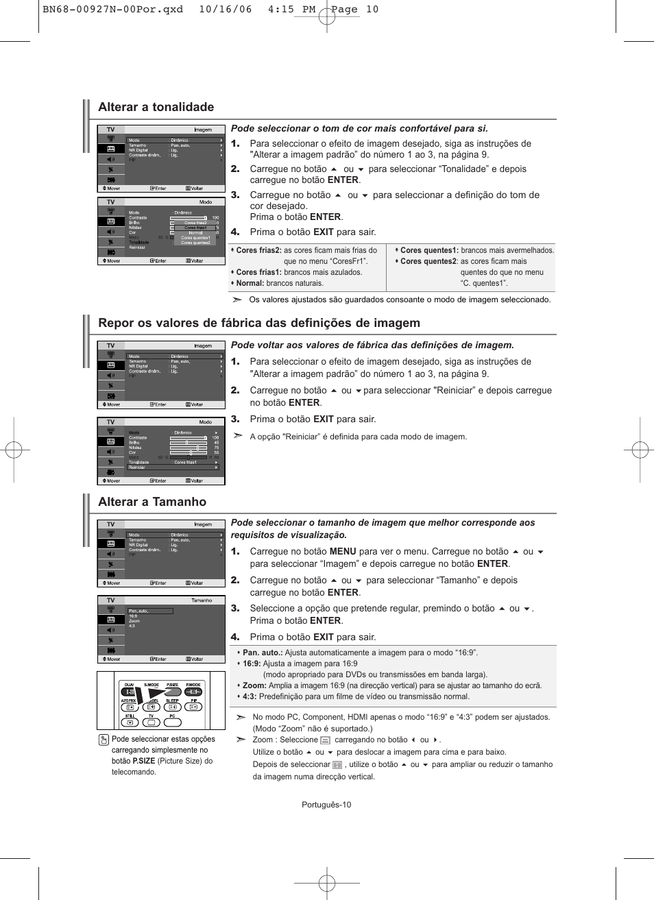 Alterar a tamanho, Alterar a tonalidade | Samsung LE26R32B User Manual | Page 117 / 152