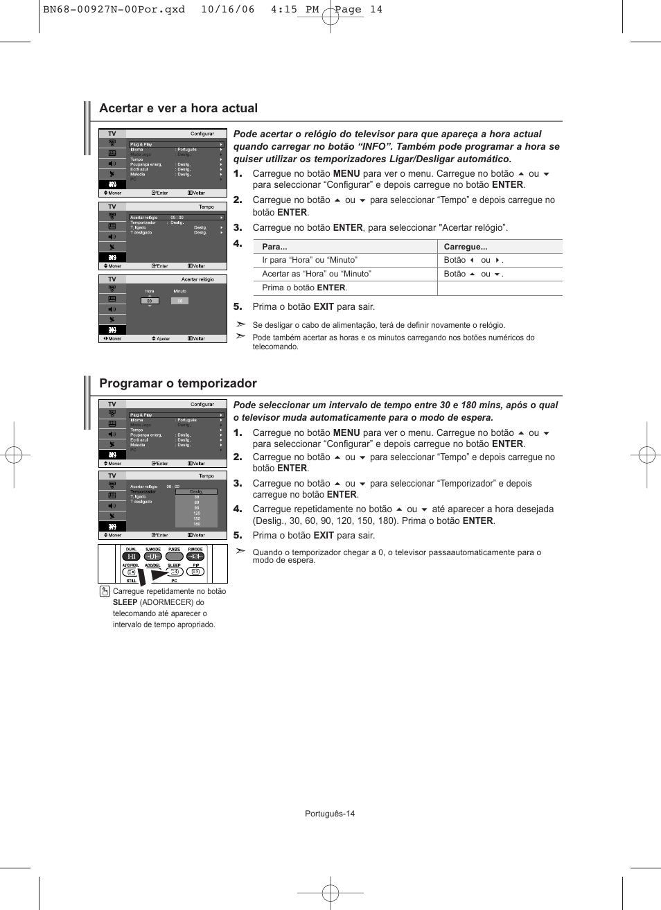 Acertar e ver a hora actual, Programar o temporizador | Samsung LE26R32B User Manual | Page 121 / 152