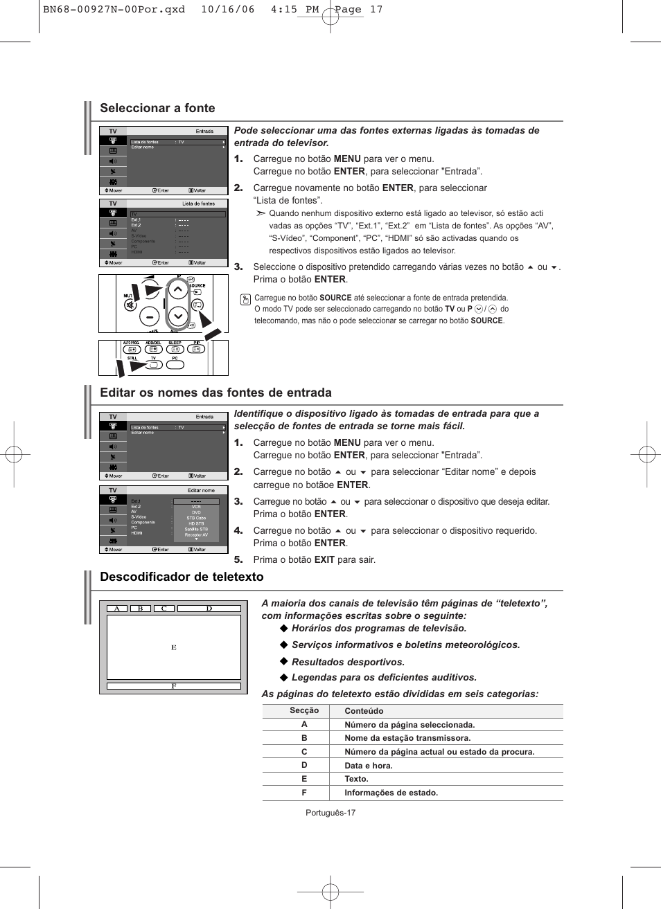Descodificador de teletexto, Editar os nomes das fontes de entrada, Seleccionar a fonte | Samsung LE26R32B User Manual | Page 124 / 152