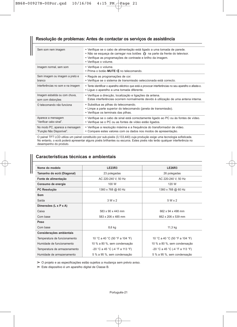 Características técnicas e ambientais | Samsung LE26R32B User Manual | Page 128 / 152