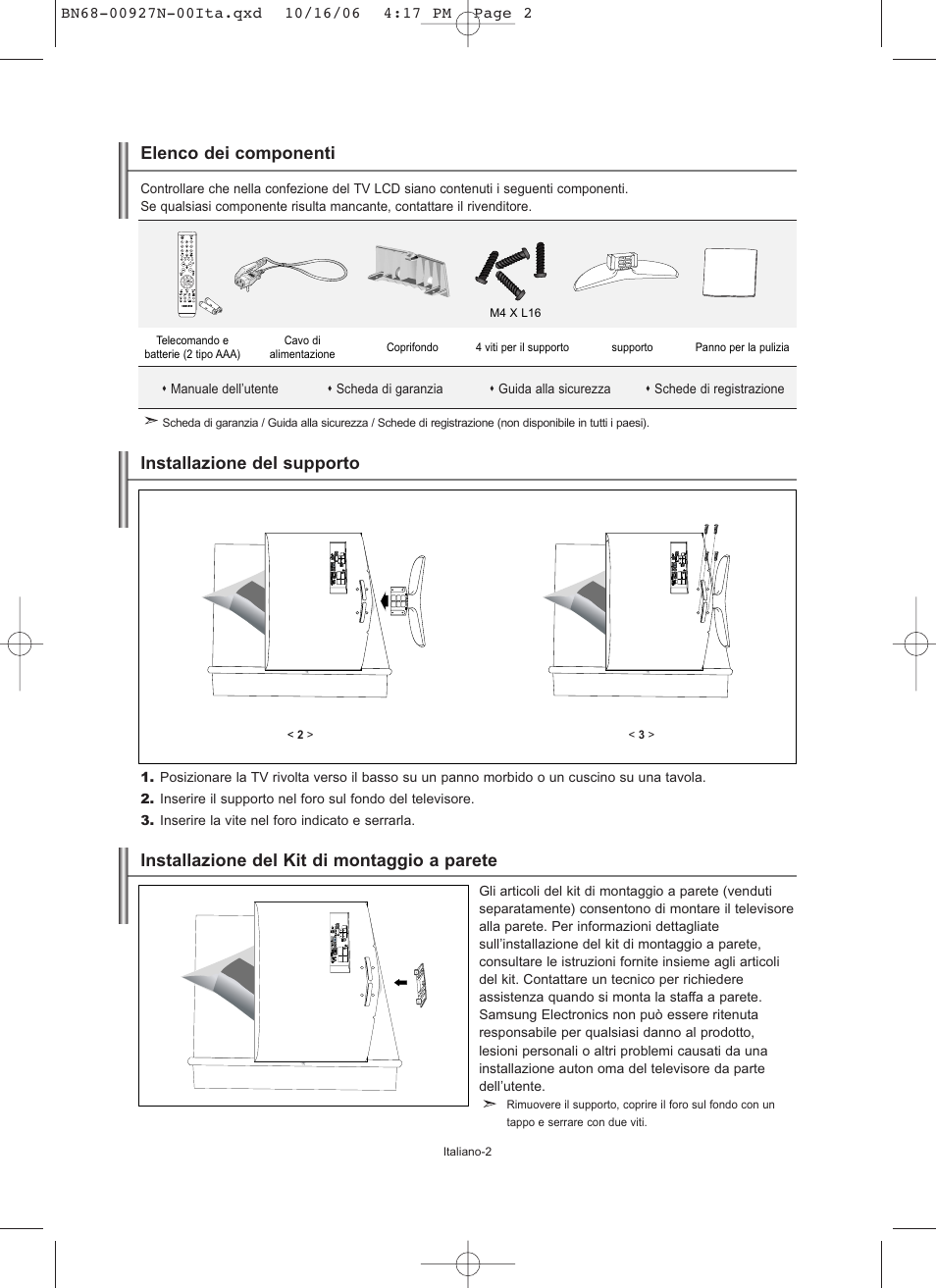 Elenco dei componenti, Installazione del supporto, Installazione del kit di montaggio a parete | Samsung LE26R32B User Manual | Page 130 / 152