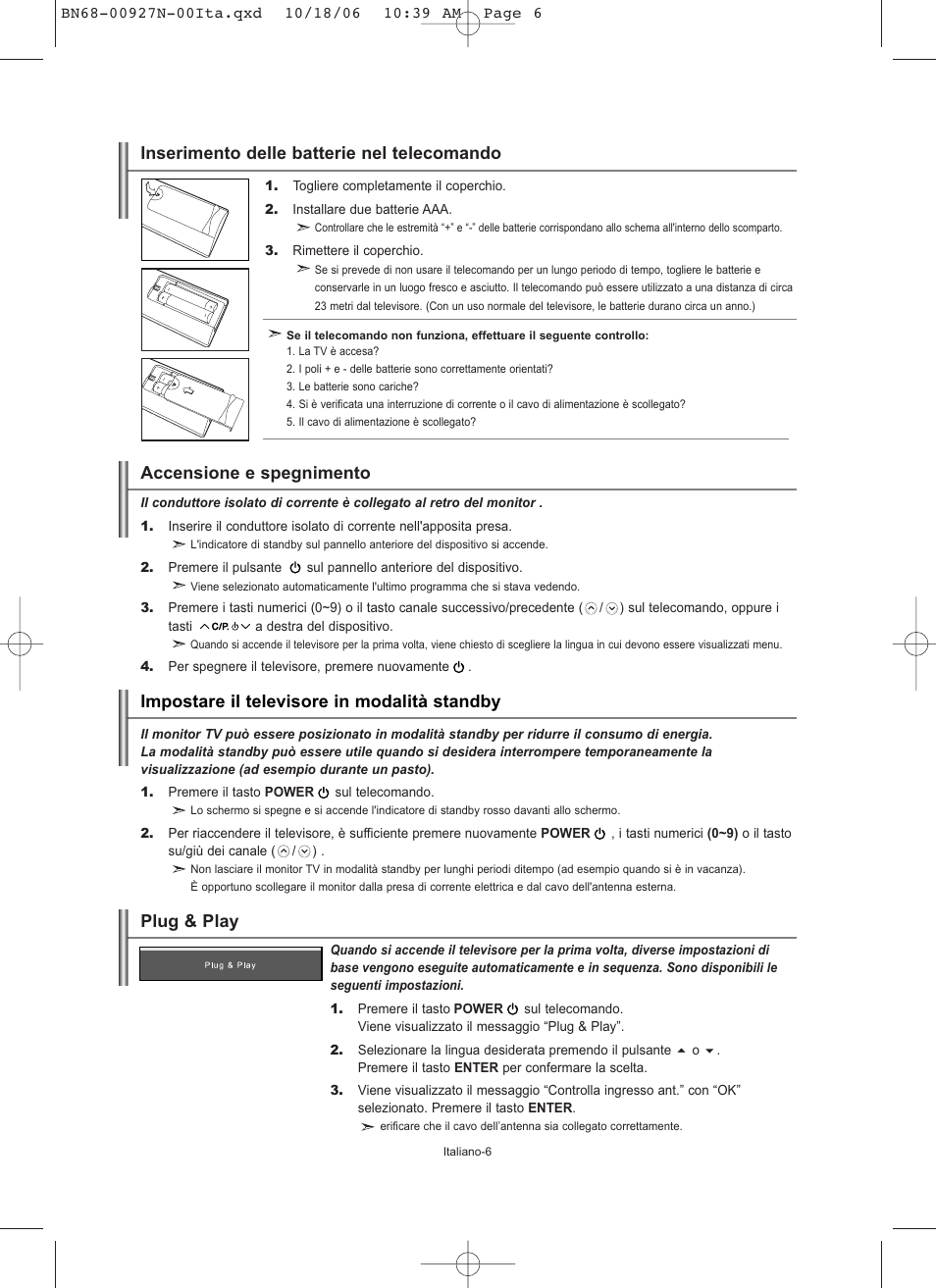 Plug & play, Inserimento delle batterie nel telecomando | Samsung LE26R32B User Manual | Page 134 / 152