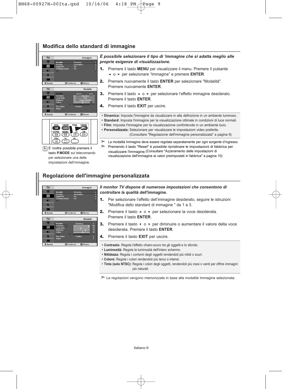 Modifica dello standard di immagine, Regolazione dell'immagine personalizzata | Samsung LE26R32B User Manual | Page 137 / 152