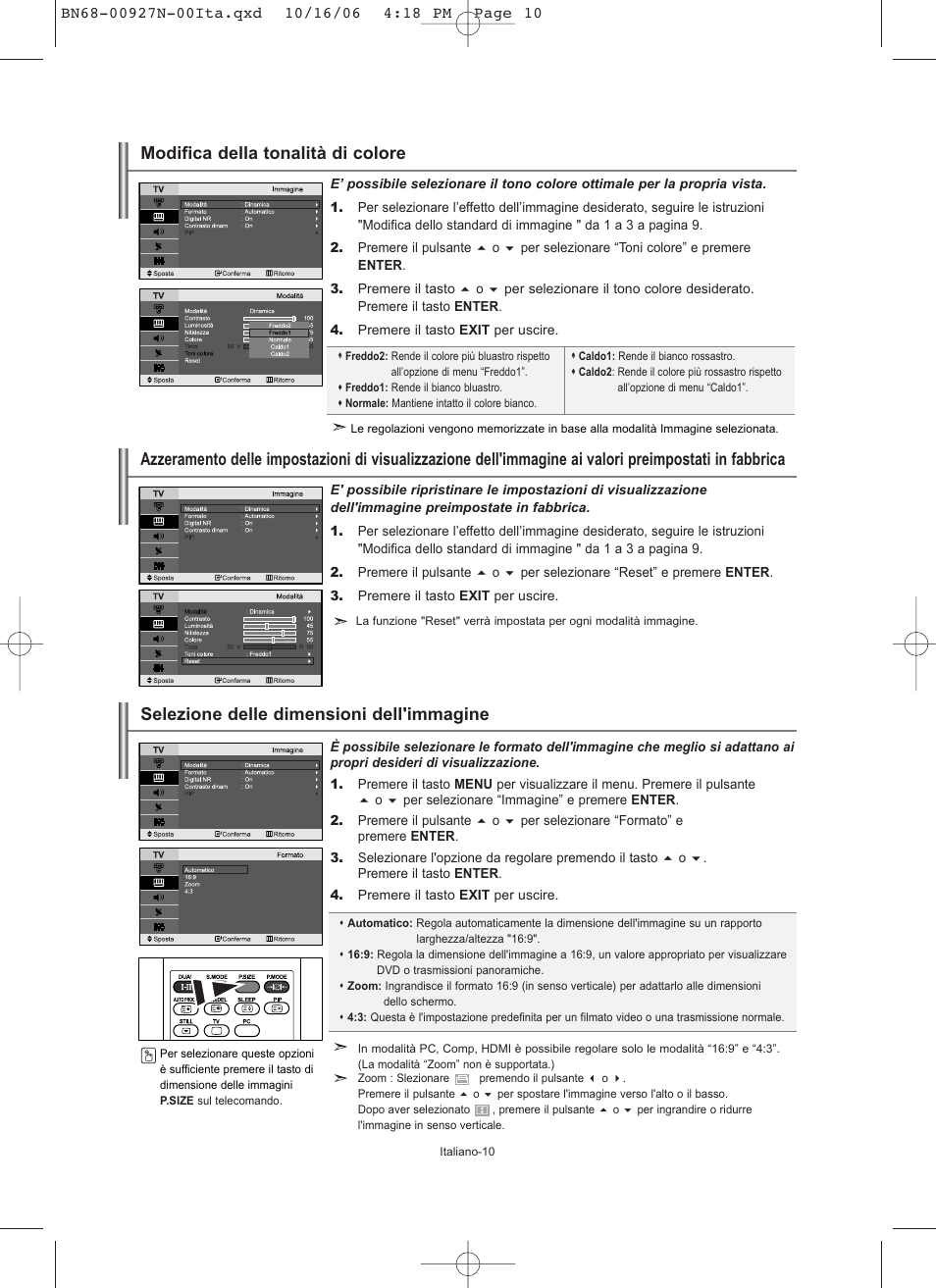 Selezione delle dimensioni dell'immagine, Modifica della tonalità di colore | Samsung LE26R32B User Manual | Page 138 / 152