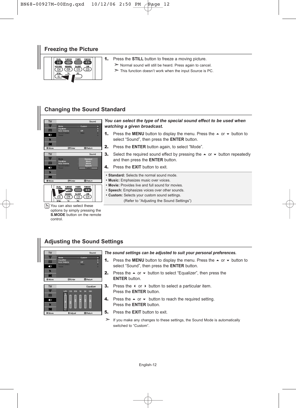 Freezing the picture, Setting the sound, Changing the sound standard | Adjusting the sound settings | Samsung LE26R32B User Manual | Page 14 / 152