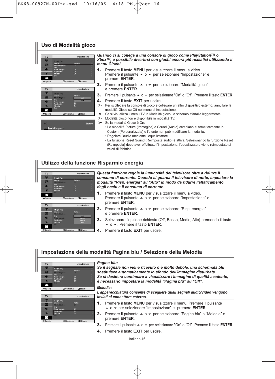 Utilizzo della funzione risparmio energia, Uso di modalità gioco | Samsung LE26R32B User Manual | Page 144 / 152